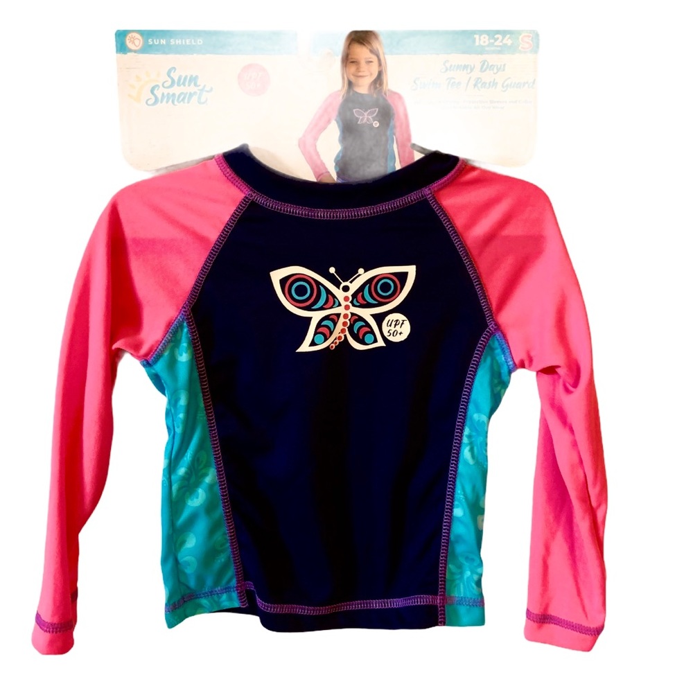 Sun Smart Girls Pink & Blue Swim Shirt w/Butterfly Protective Sleeves